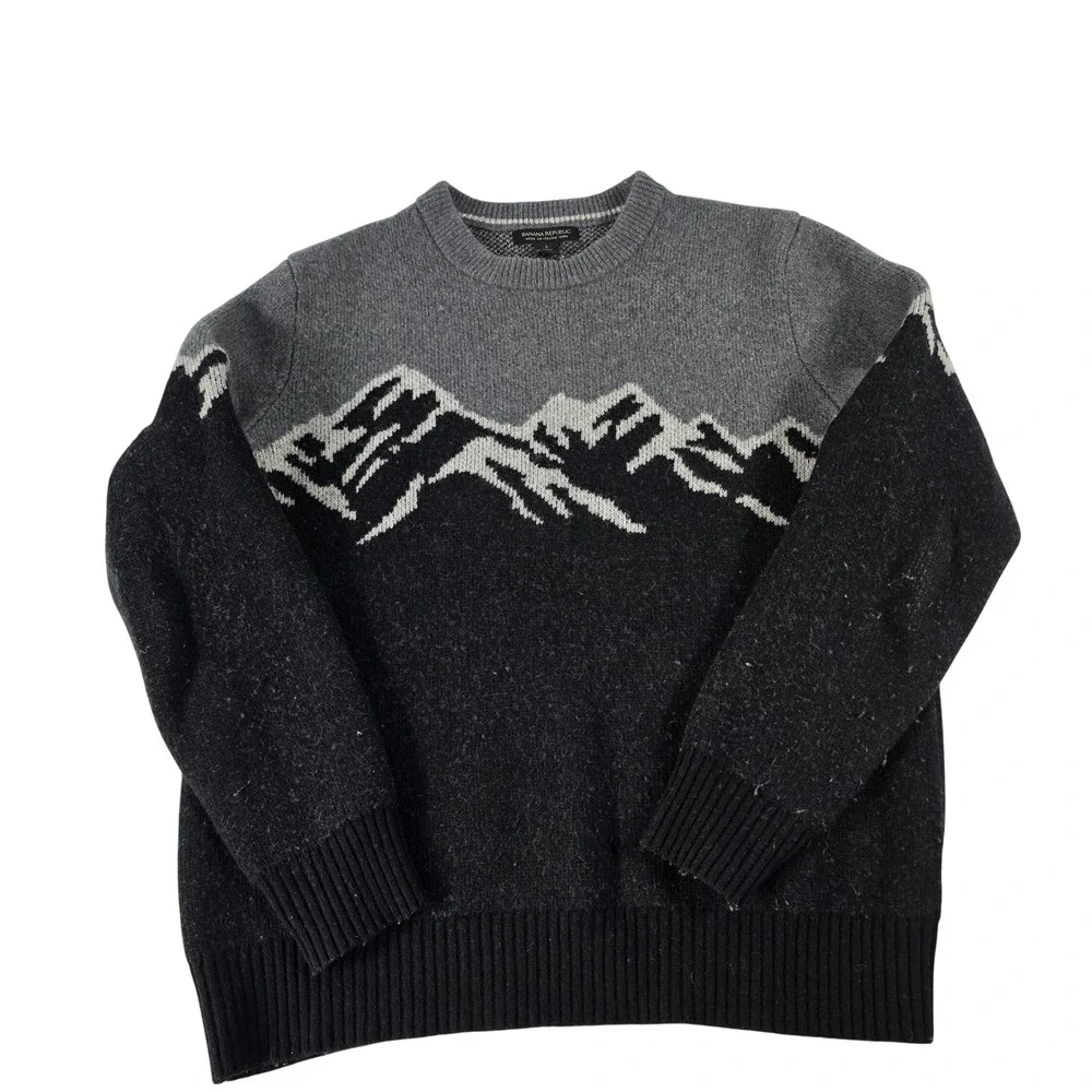 Banana Republic Mens Mountain Intarsia Italian Wool Blend Sweater Grey Black L